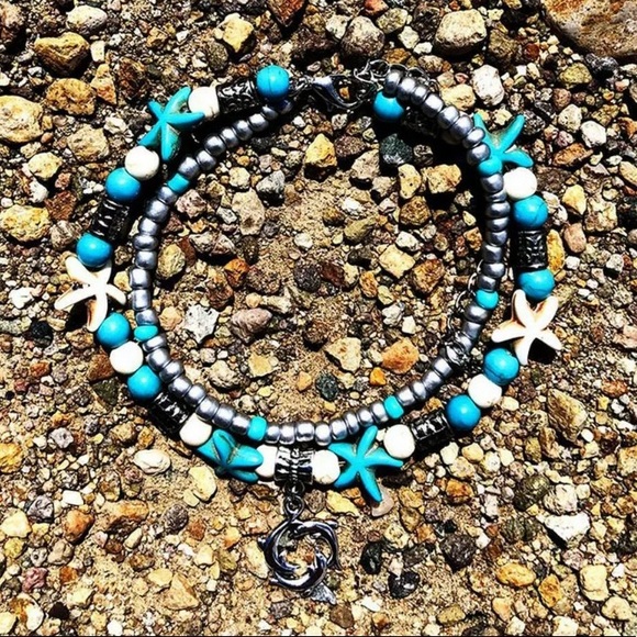 Dolphin Starfish Silver Toned Turquoise Beaded Boho Anklet - Picture 3 of 7